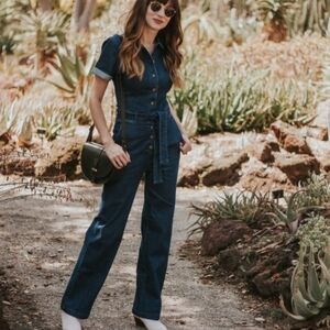 SEZANE Short Sleeve Margaux Jumpsuit in Bleu Blue Denim Size 38 Size 6 Medium
